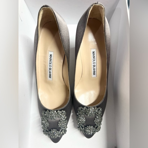 Manolo Blahnik Hangisi Dark Gray Satin Jeweled Buckle heels Pumps - Picture 6 of 10